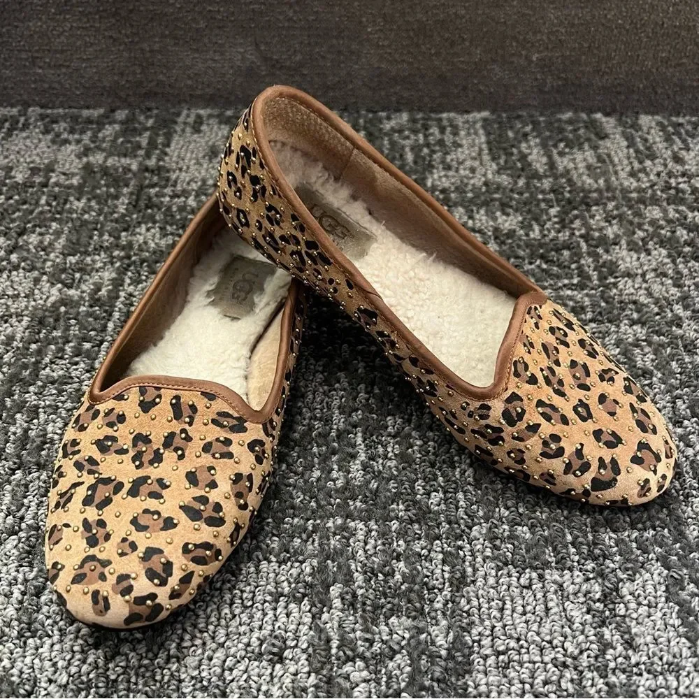 UGG Animal Leopard Print Flats Sheepskin Lined Studded Slip On Shoes Size 5‎